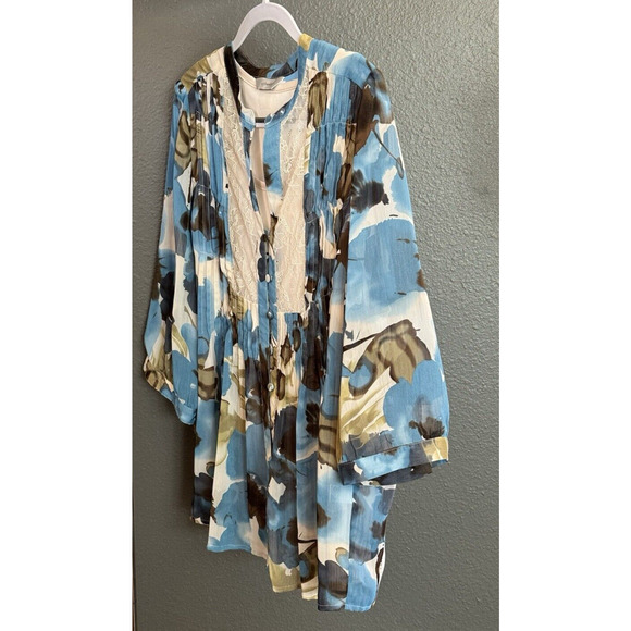 CJ BANKS Womens 14W Blue Brown Cream 3/4 Sheer Sleeves Lined Blouse Top - Picture 4 of 12